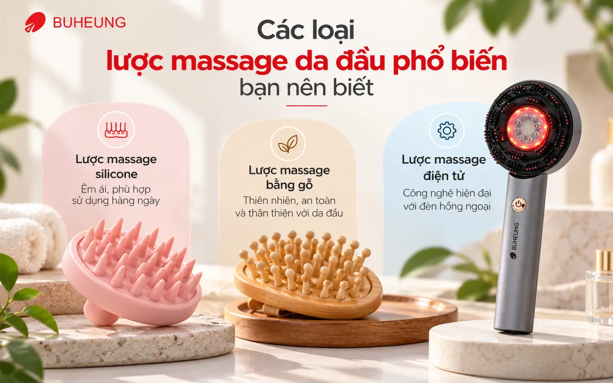 Bộ sưu tập đa dạng các loại lược massage da đầu: lược silicone, lược gỗ và lược massage điện tử Buheung MK-342.