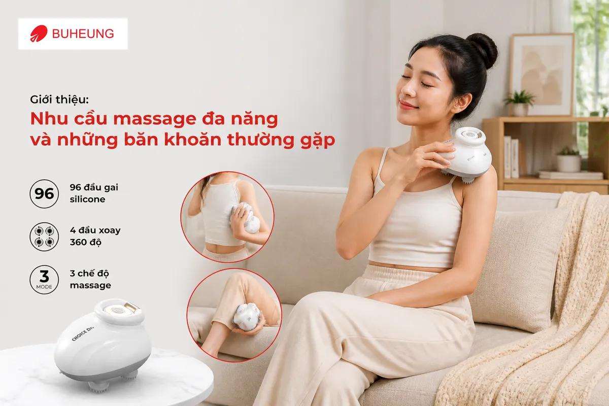 Người phụ nữ thư giãn sử dụng gậy massage cầm tay đa năng Buheung LUX-530 cho các vùng vai, lưng và chân, thể hiện sự tiện lợi và hiệu quả của thiết bị massage đa năng.