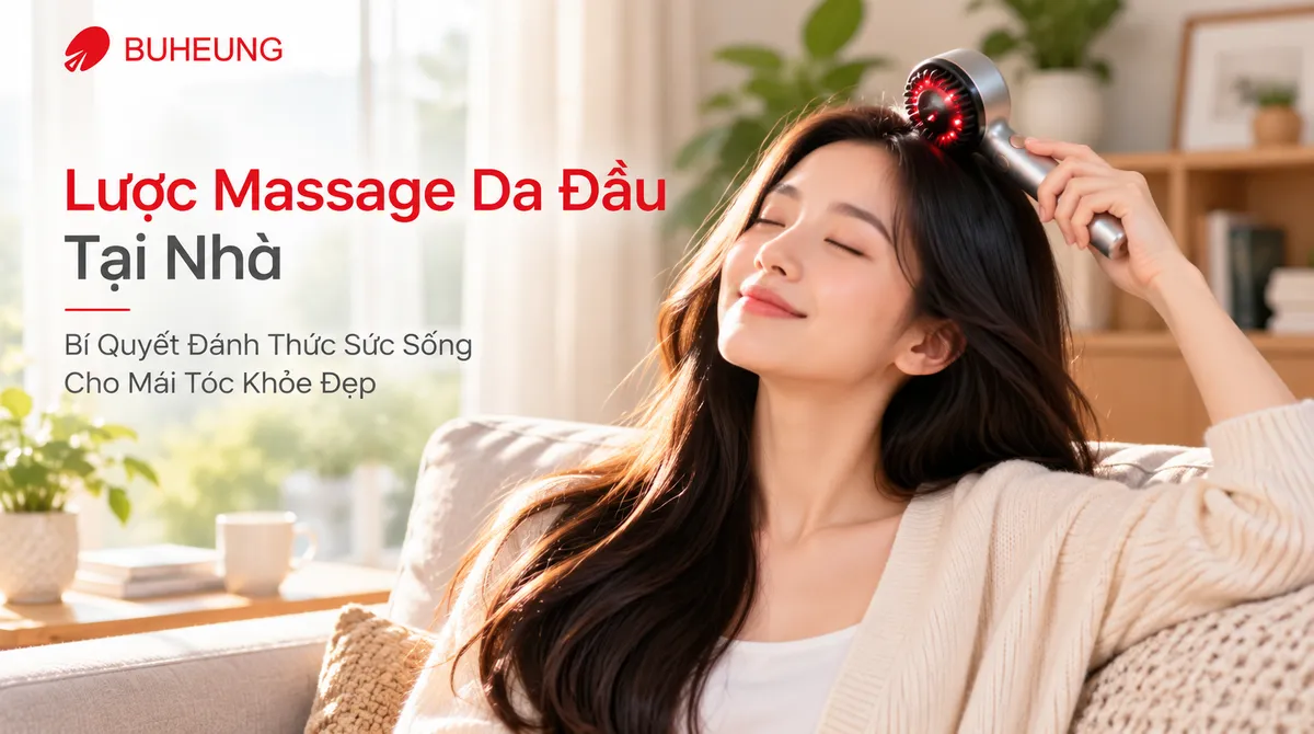Hình ảnh một phụ nữ Việt Nam đang sử dụng lược massage da đầu Buheung để thư giãn tại nhà, mái tóc khỏe đẹp và gương mặt bình yên.