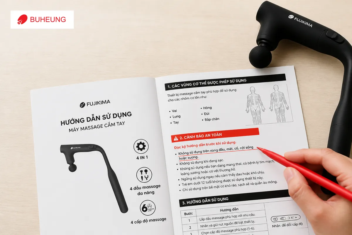 Cuốn sách hướng dẫn sử dụng thiết bị massage cầm tay Buheung LUX-530 mở ra, với các phần quan trọng về vùng sử dụng và cảnh báo an toàn được khoanh đỏ, minh họa cách kiểm tra thiết bị massage trước khi dùng.