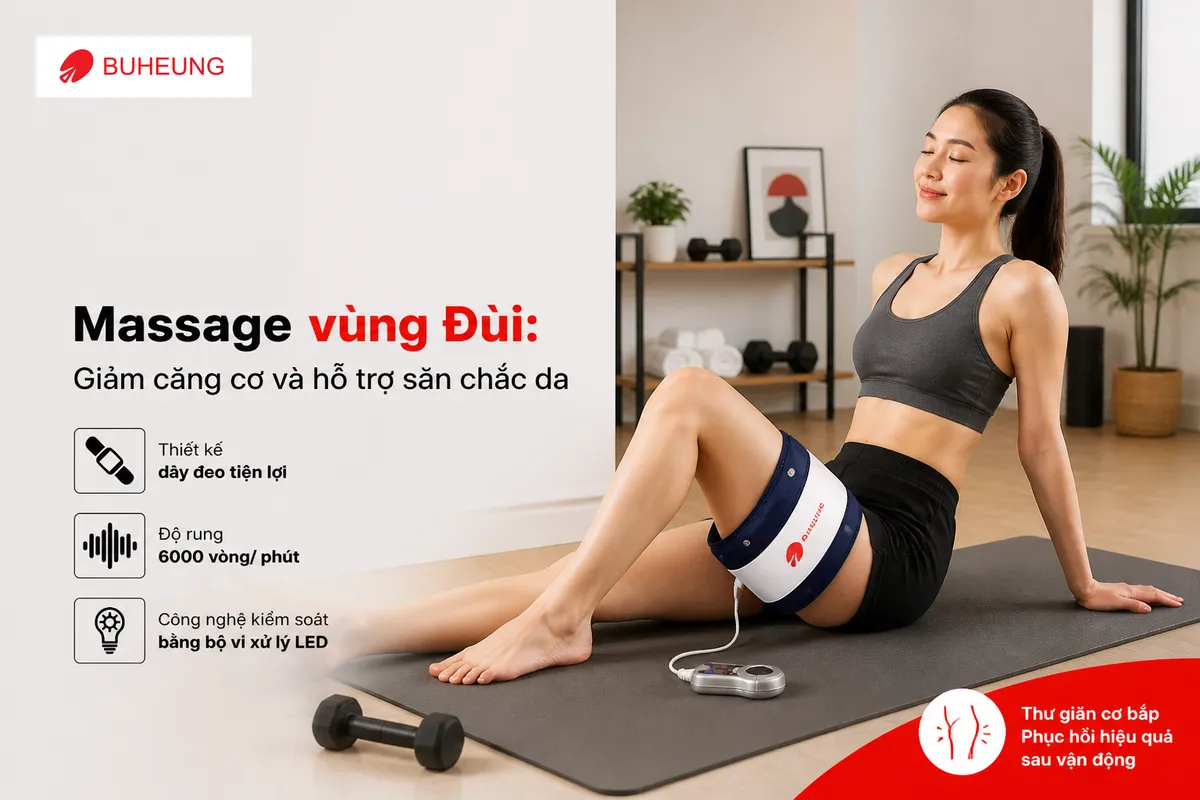 Máy Massage Dạng Đai: Giải Mã Khả Năng Sử Dụng Đa Năng Cho Bụng, Lưng, Đùi và Bắp Chân 5 Người dùng đang massage vùng đùi với đai massage, giúp giảm căng cơ và hỗ trợ làm săn chắc da hiệu quả.