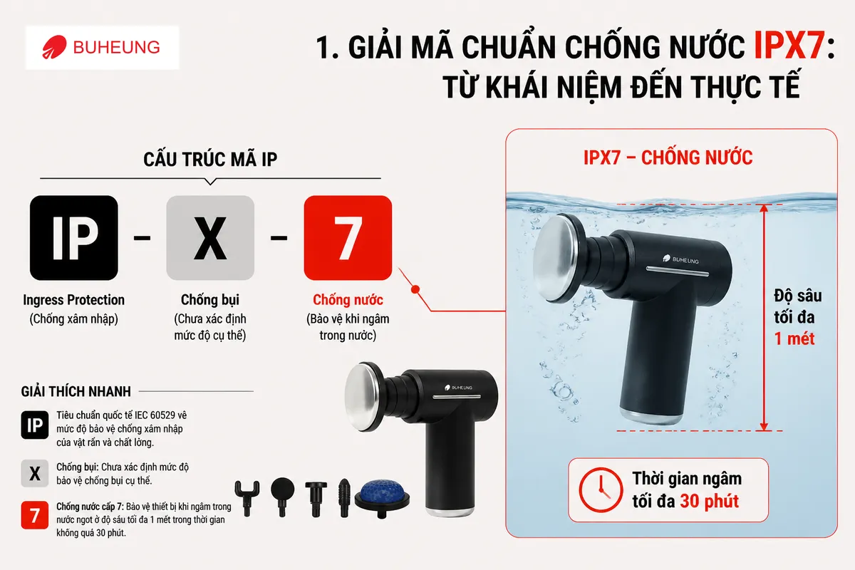 Infographic giải thích chuẩn chống nước IPX7 trên thiết bị massage, minh họa ý nghĩa của mã IP, chữ X và con số 7 với giới hạn độ sâu 1m và thời gian 30 phút.