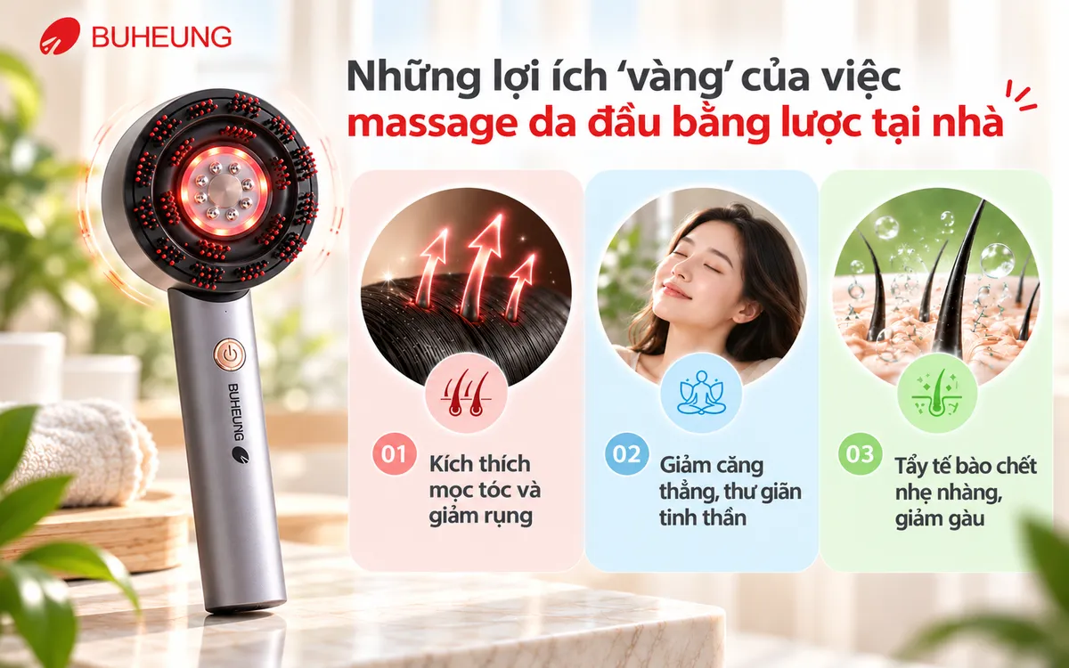 Infographic minh họa các lợi ích của lược massage da đầu: kích thích mọc tóc, thư giãn tinh thần và giảm gàu hiệu quả.