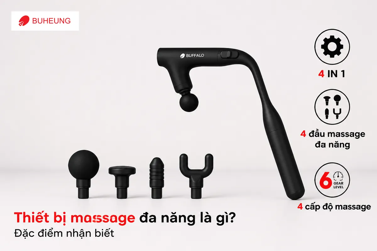 Cận cảnh máy massage cầm tay Choice Dr DC-006 với bộ nhiều đầu massage đi kèm, minh họa các đặc điểm nhận biết của thiết bị massage đa năng và tính linh hoạt của nó.