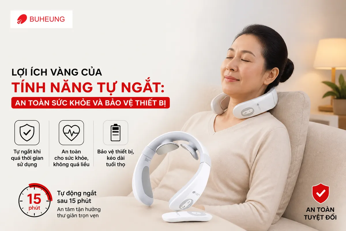 Tính Năng Tự Ngắt Trên Máy Massage Để Làm Gì? Có Nên Ưu Tiên Khi Chọn Mua Để Đảm Bảo An Toàn & Hiệu Quả? 3 Người phụ nữ thư giãn an toàn với gối massage cổ, minh họa lợi ích vàng của tính năng tự ngắt trong việc bảo vệ sức khỏe và kéo dài tuổi thọ thiết bị.