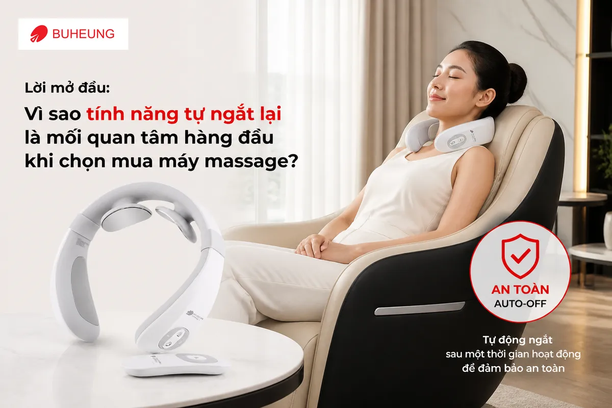 Tính Năng Tự Ngắt Trên Máy Massage Để Làm Gì? Có Nên Ưu Tiên Khi Chọn Mua Để Đảm Bảo An Toàn & Hiệu Quả? 1 Người phụ nữ thư giãn trên ghế massage hiện đại với biểu tượng 'An toàn' hoặc 'Auto-off' bên cạnh, thể hiện lợi ích của tính năng tự ngắt trên máy massage.