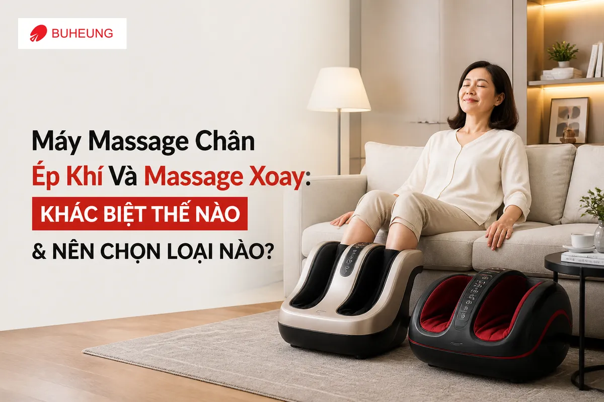 Máy Massage Chân Ép Khí Và Massage Xoay: Khác Biệt Thế Nào & Nên Chọn Loại Nào? 1 Người phụ nữ thư giãn với máy massage chân, thể hiện sự thoải mái và chăm sóc đôi chân sau một ngày mệt mỏi.