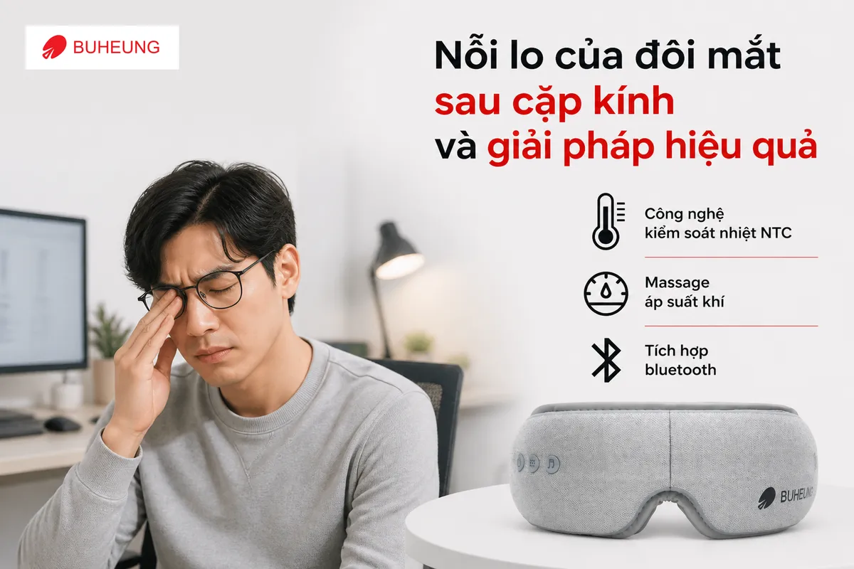Người đeo kính mỏi mắt, xoa bóp thái dương, thể hiện sự căng thẳng và mệt mỏi của đôi mắt sau cặp kính.