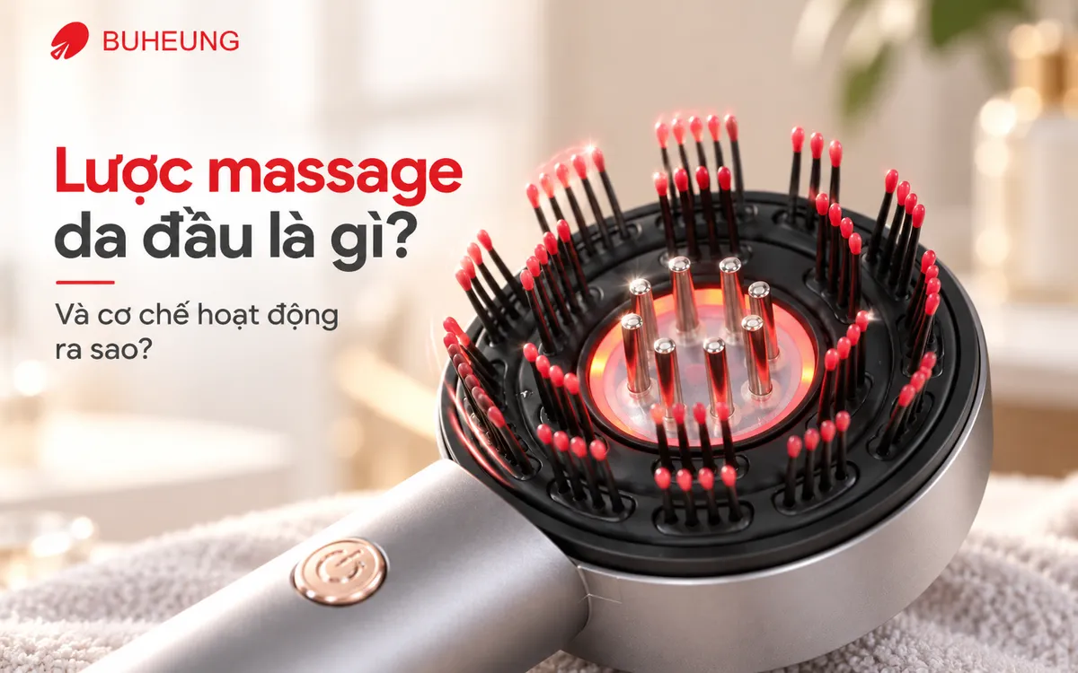 Cận cảnh lược massage da đầu Buheung với các răng lược silicone mềm mại, thể hiện chi tiết thiết kế chuyên dụng.