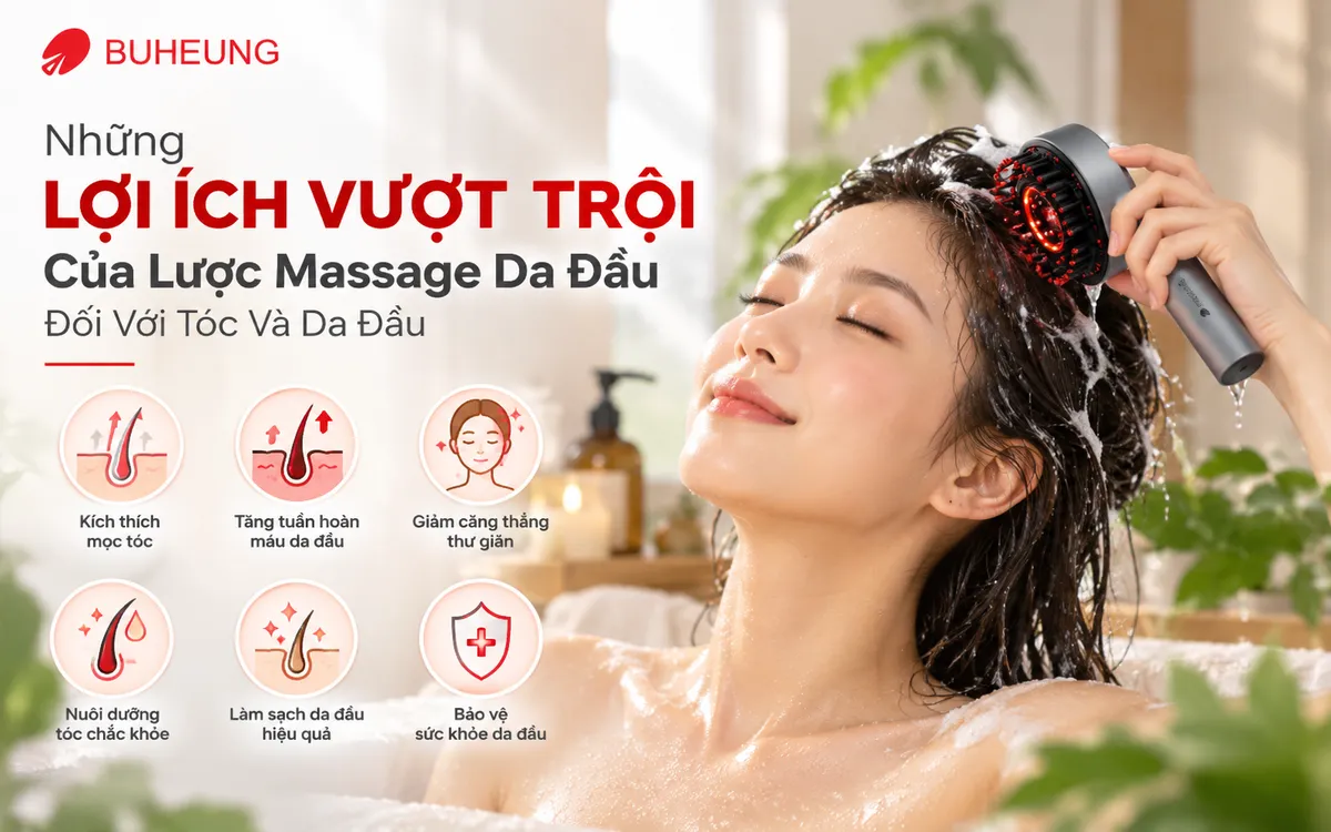 Người phụ nữ thư giãn, tận hưởng liệu pháp massage da đầu với lược Buheung MK-342, giúp giảm căng thẳng và cải thiện sức khỏe tinh thần.
