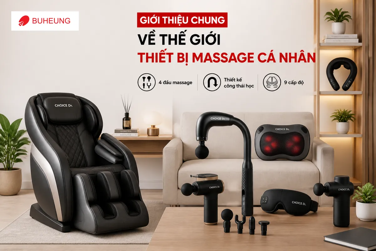 Thiết Bị Massage Rảnh Tay Hay Cầm Tay: Loại Nào Tiện Hơn Trong Từng Tình Huống? – Hướng Dẫn Từ A-Z 1 Hình ảnh tổng quan các thiết bị massage cá nhân đa dạng, bao gồm ghế massage toàn thân, gối massage cổ vai gáy và máy massage cầm tay, thể hiện sự phong phú của thị trường thiết bị massage tại nhà cho mọi nhu cầu thư giãn.