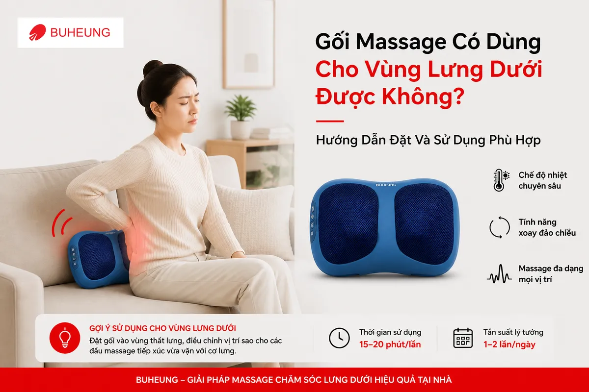 Hình ảnh người đang thư giãn trên ghế sofa, tay chạm nhẹ vùng lưng dưới, thể hiện sự khó chịu và mong muốn giảm đau lưng dưới bằng gối massage.